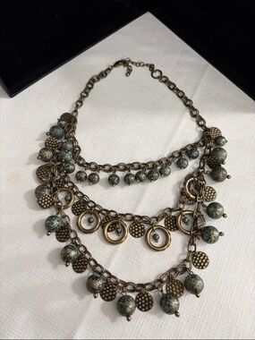 Vintage-Inspired Multilayer Turquoise Bead and Brass Statement Necklace